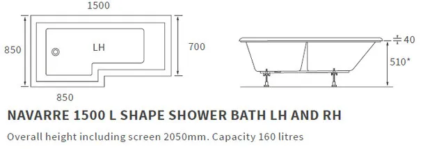 Avari Nazare RH L-Shape 0TH Shower Bath Pack 1500 x 850 x 560mm