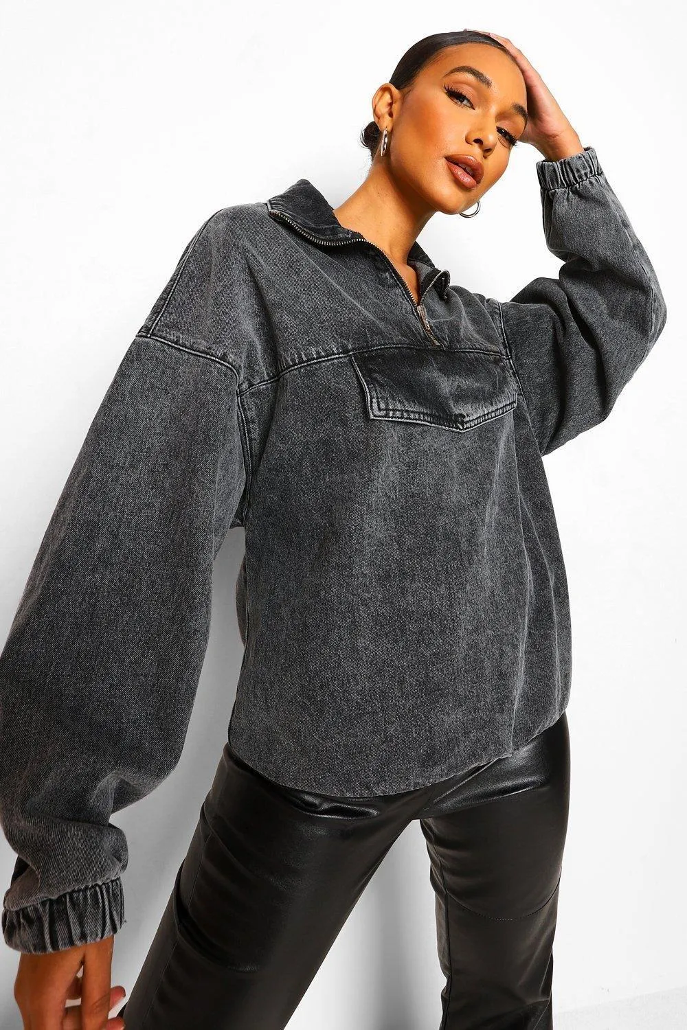 Hooded Acid Wash Pull Over Denim Jacket