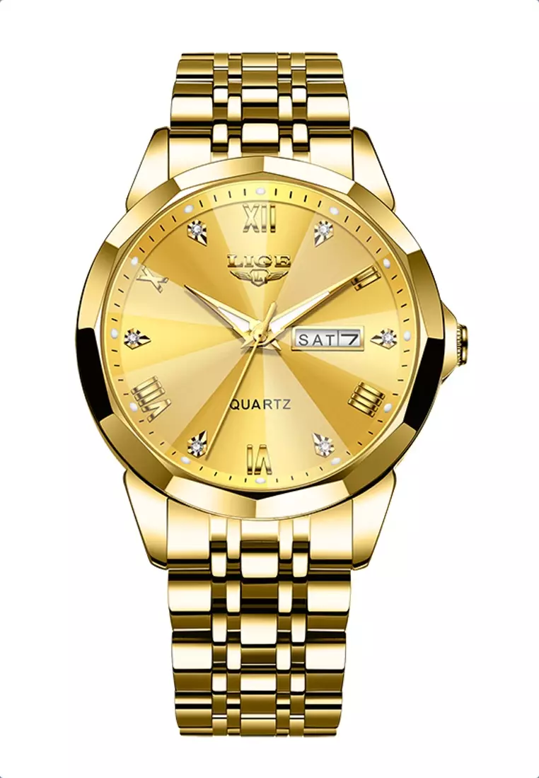 LIGE LIGE Unisex IP Gold Stainless Steel Quartz Watch, Gold color Dial, Day/Date, Stainless Steel Bracelet