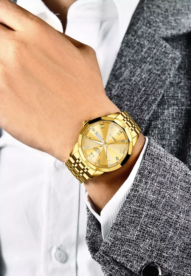 LIGE LIGE Unisex IP Gold Stainless Steel Quartz Watch, Gold color Dial, Day/Date, Stainless Steel Bracelet