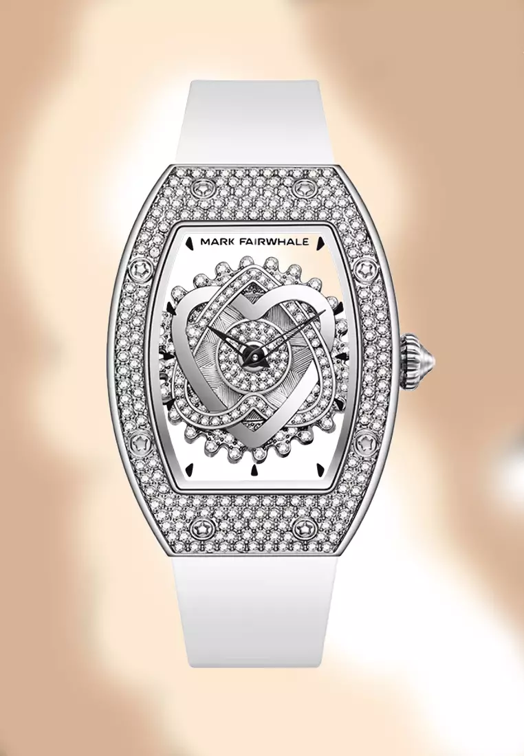 Mark Fairwhale MARK FAIRWHALE® Ladies Barrel Shape Stainless Steel Quartz Watch, See through dial, White Rubber Strap