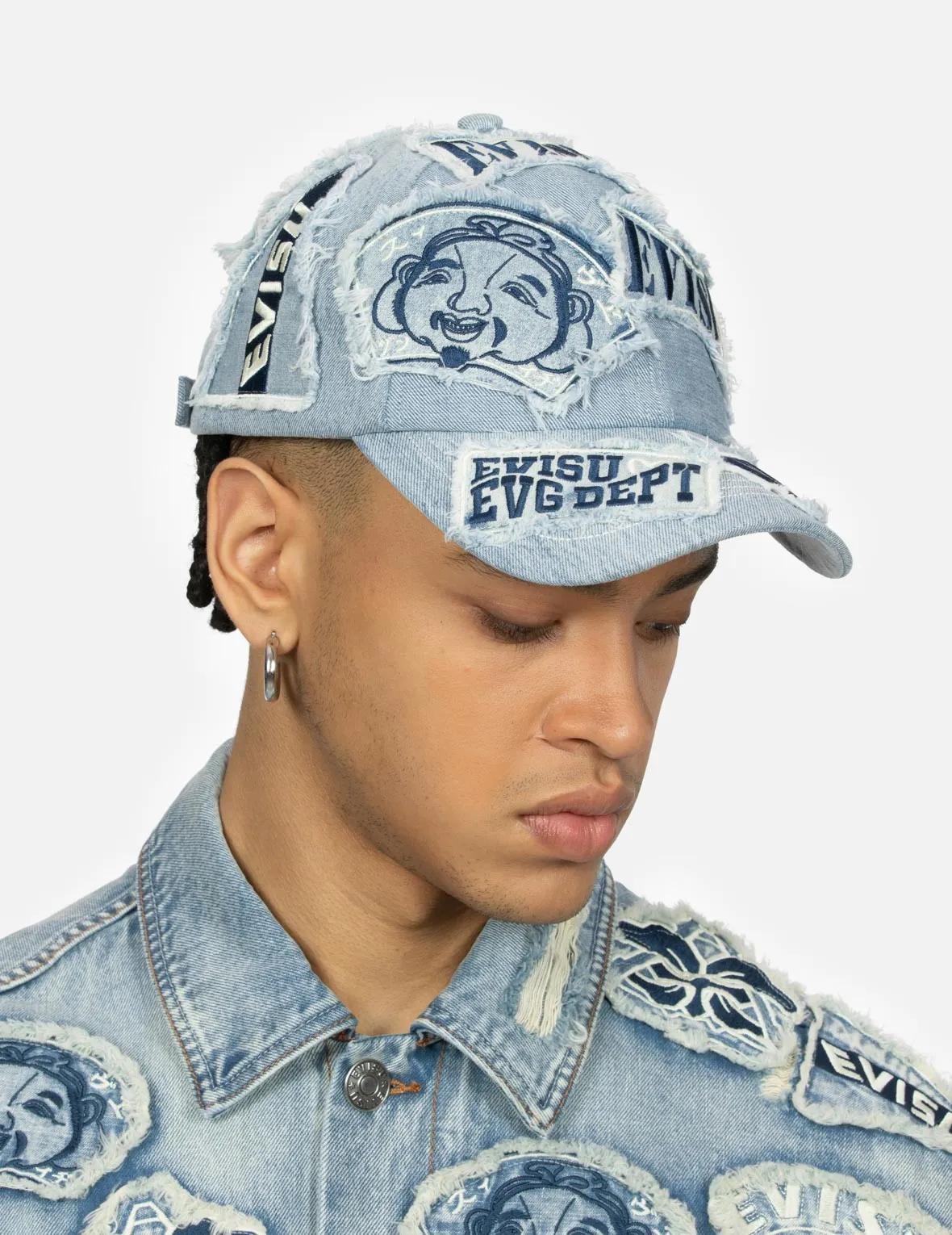 Multiple Distressed Logo and Godhead Patch Denim Cap