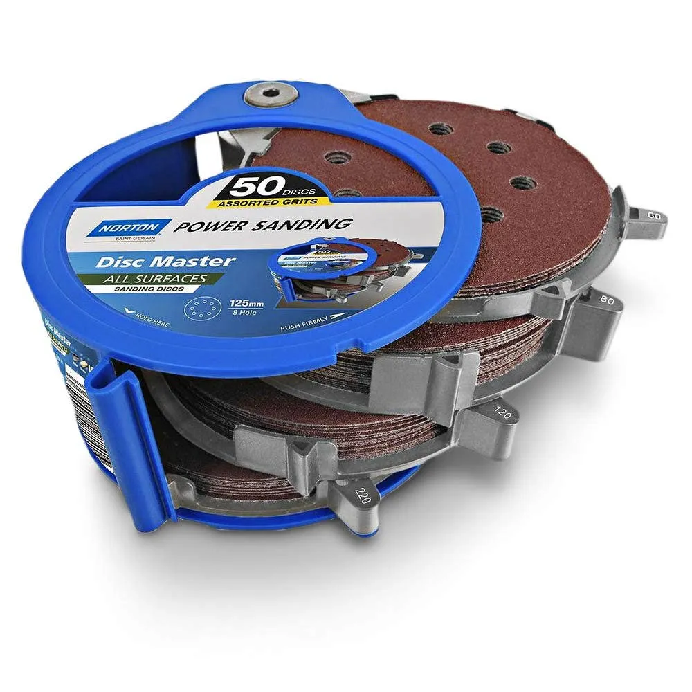 NORTON 125mm Mixed-Grit 8-Hole Hook & Loop Sanding Disc for Wood & Paint - DISC MASTER - 50 Piece