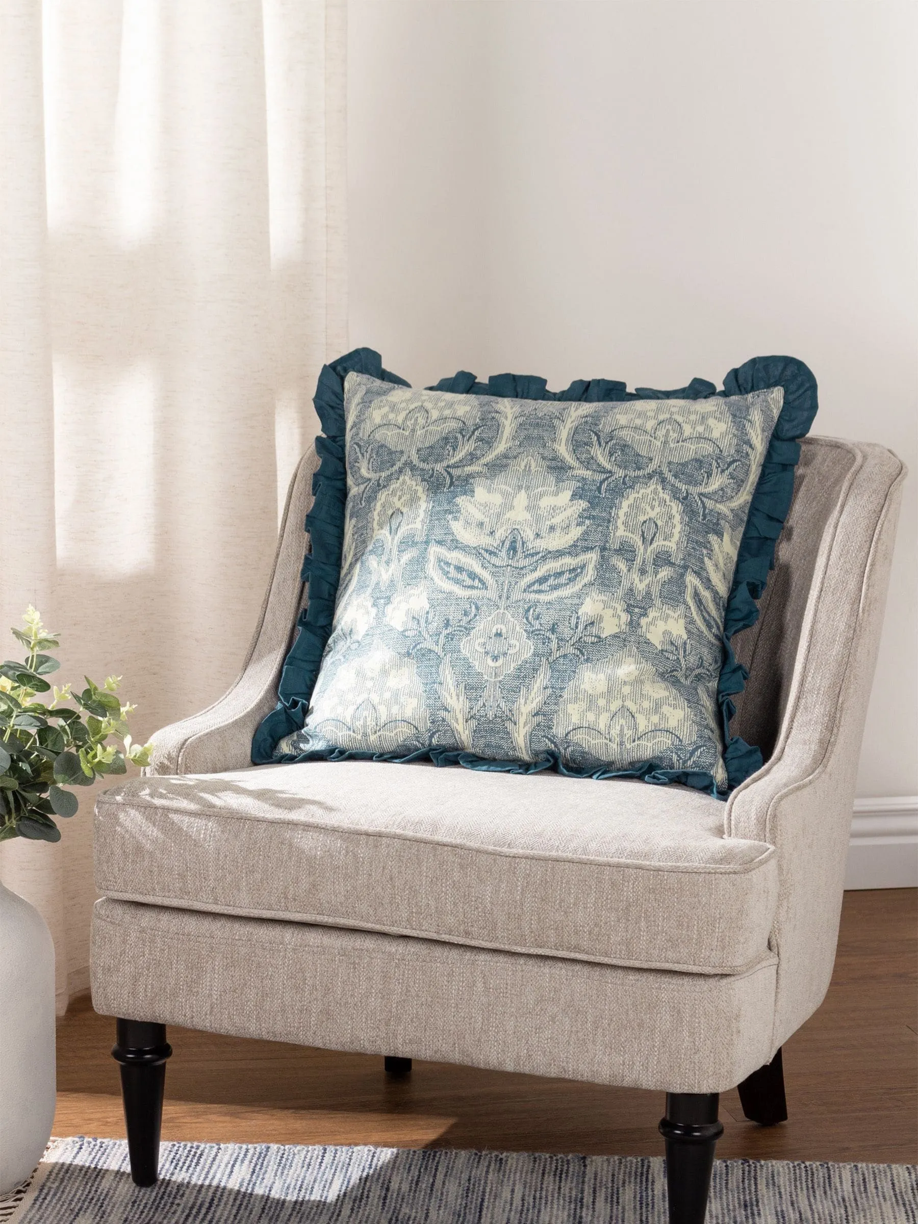 Riva Paoletti French Blue Kirkton Floral Tile Cotton Pleated Cushion