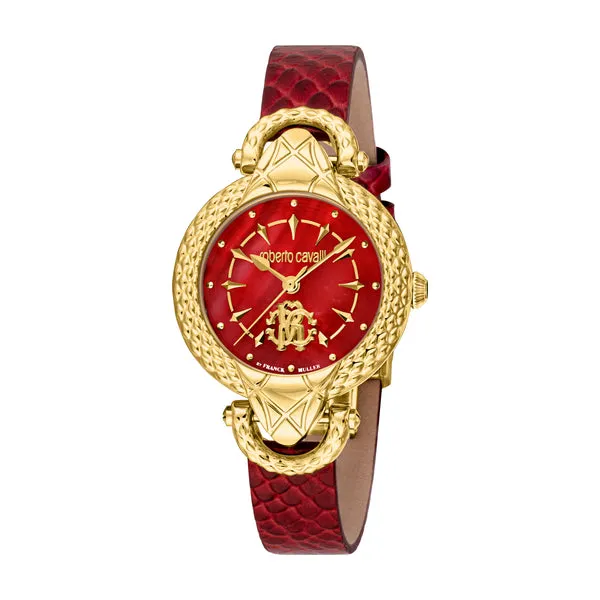 Roberto Cavalli Ladies Watch - Gold Case, Red MOP Dial, Red Leather Strap
