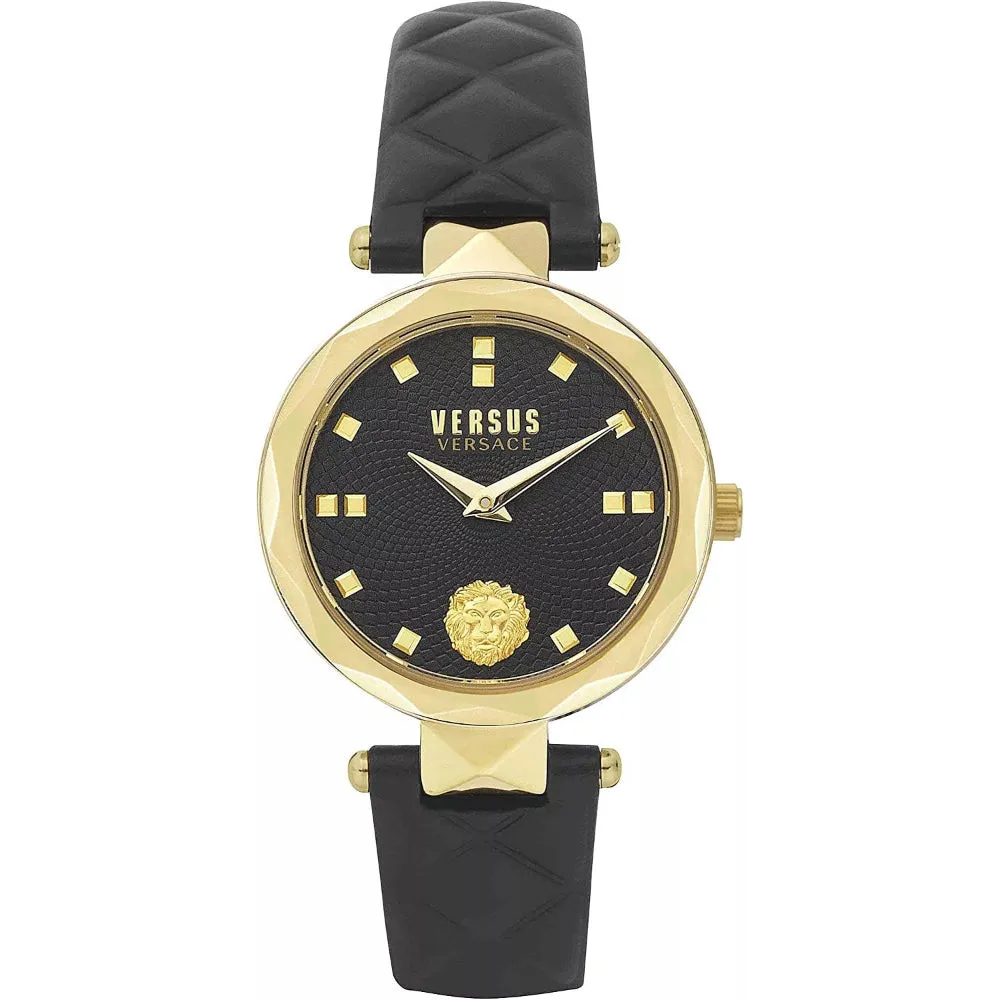 Versus Covent Garden Ladies Black Dial Gold Plated Case Black Leather Strap Watch